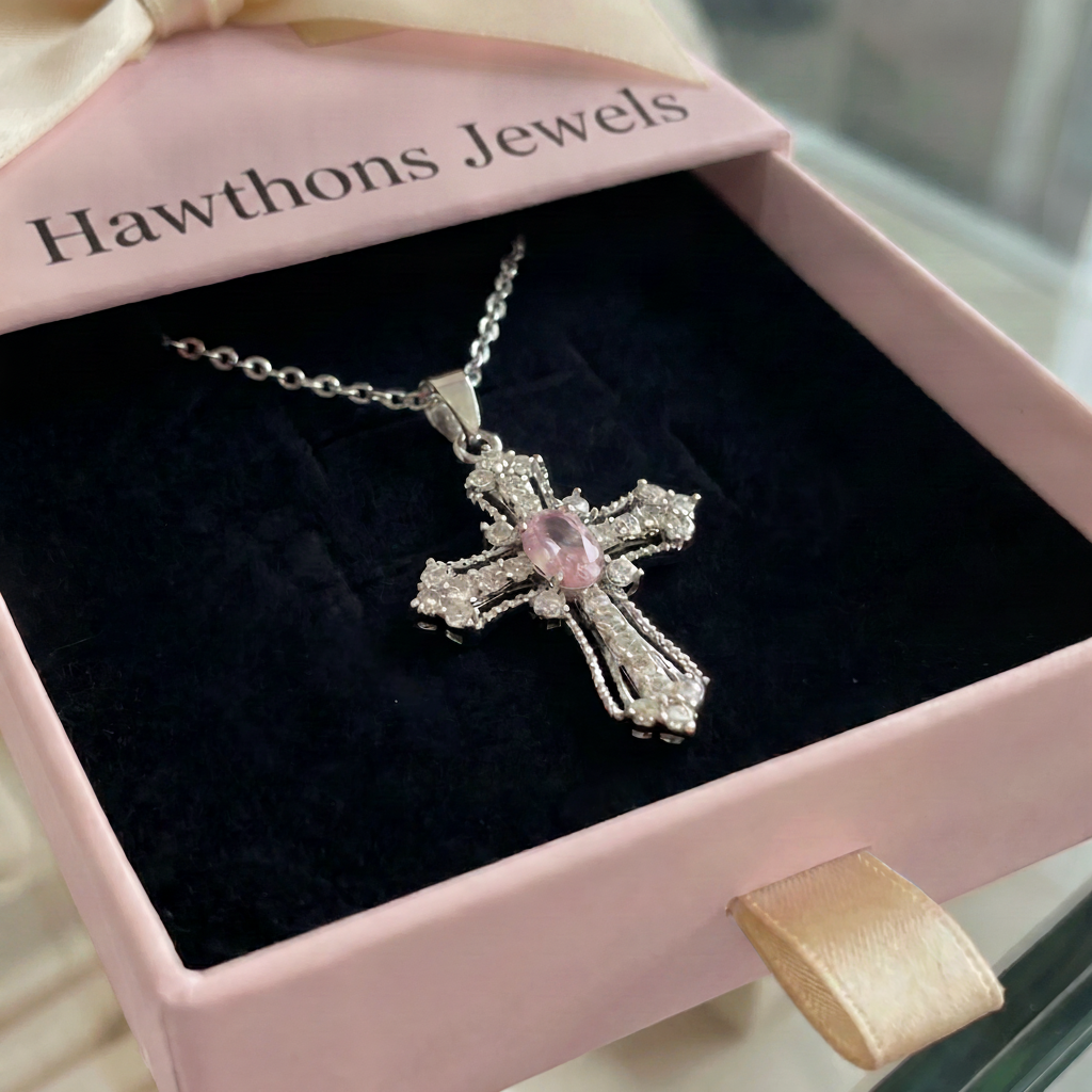Celestial Pink Cross Necklace | White Gold