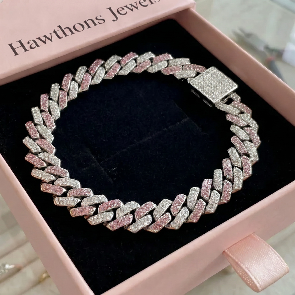 Pink Shimmer Cuban Bracelet | White Gold
