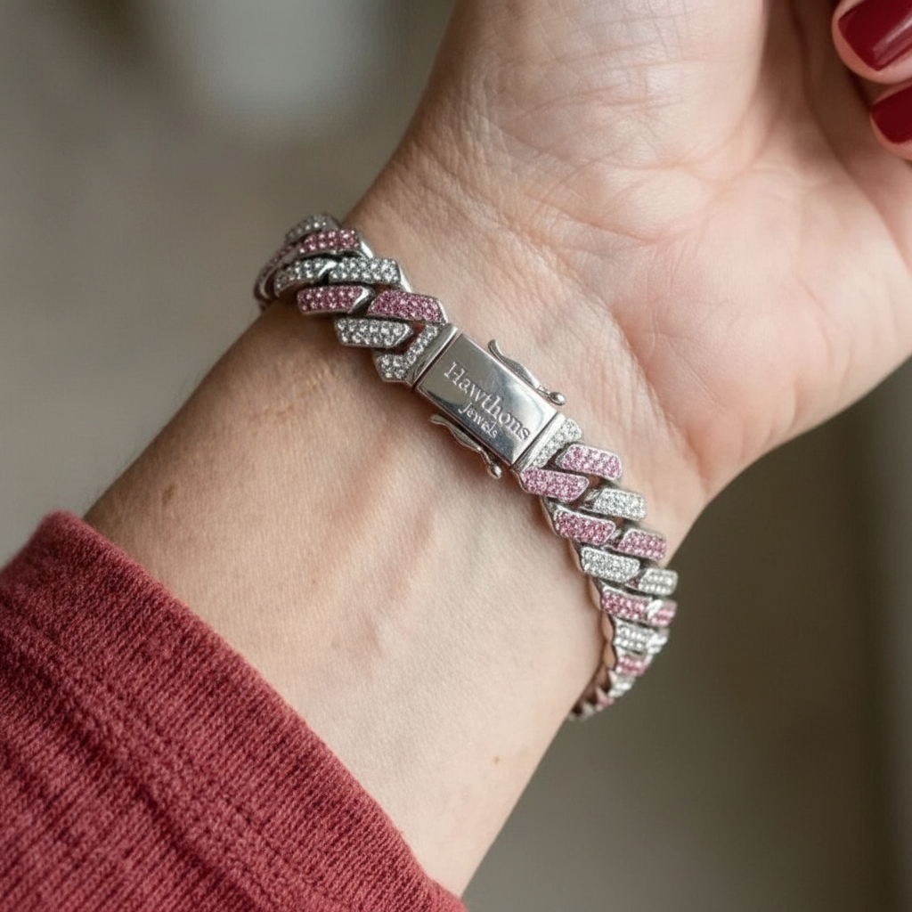 Pink Shimmer Cuban Bracelet | White Gold