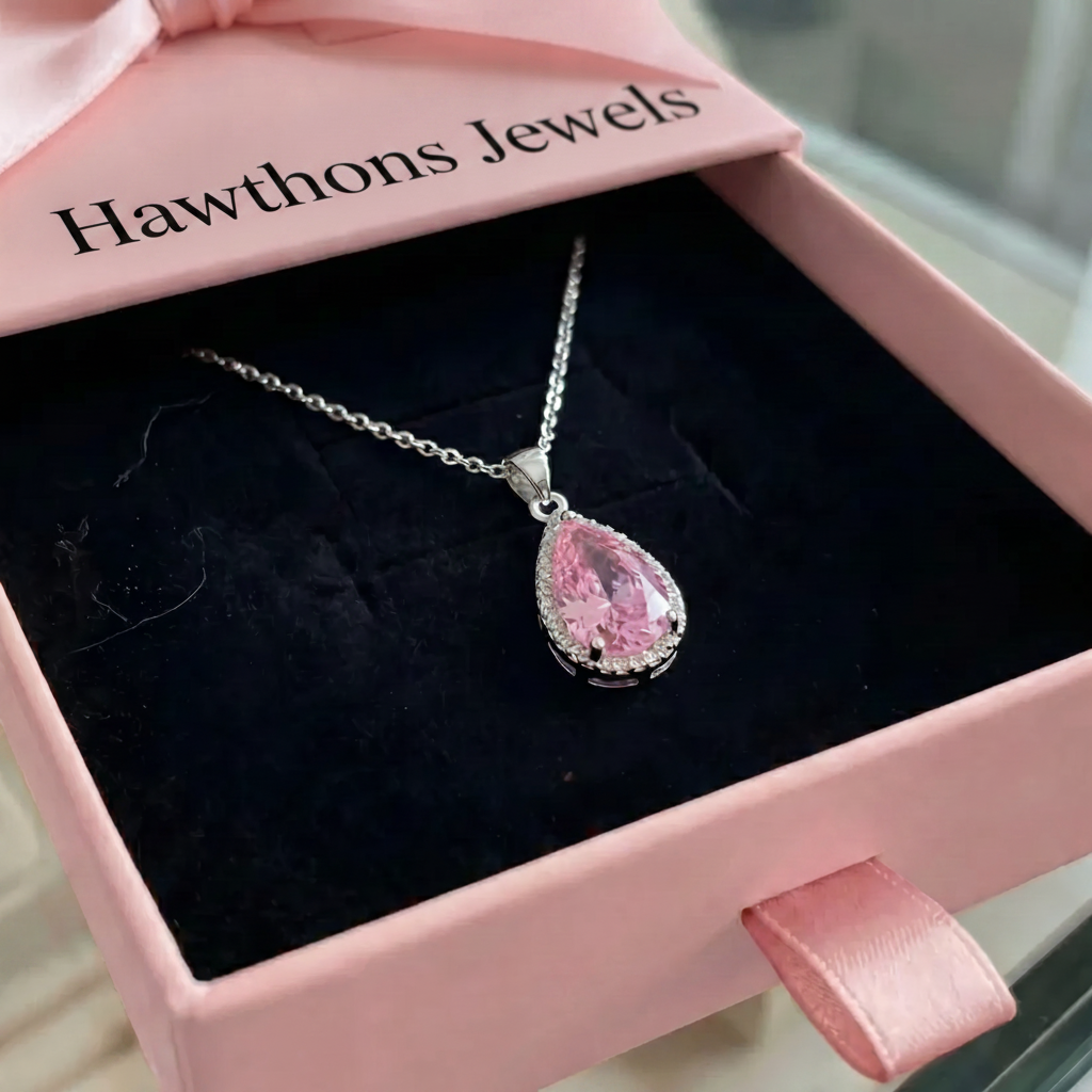 Pink Teardrop Necklace | White Gold
