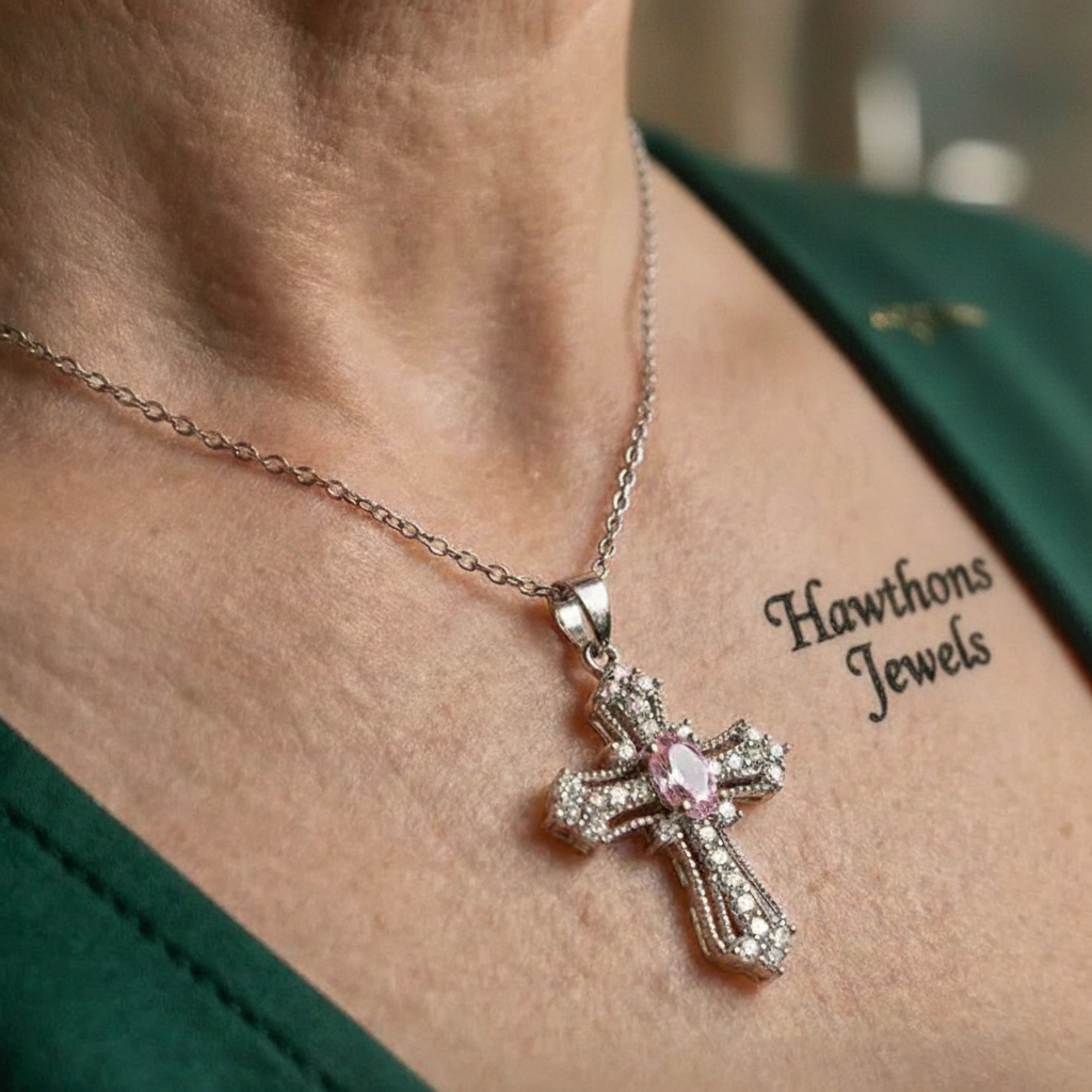 Celestial Pink Cross Necklace | White Gold