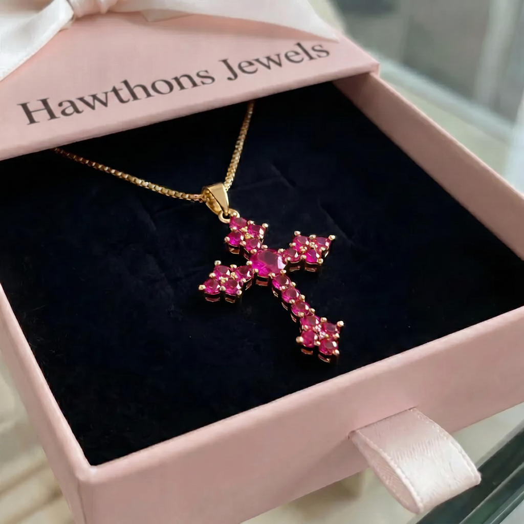 Pink Cluster Cross Necklace | Gold