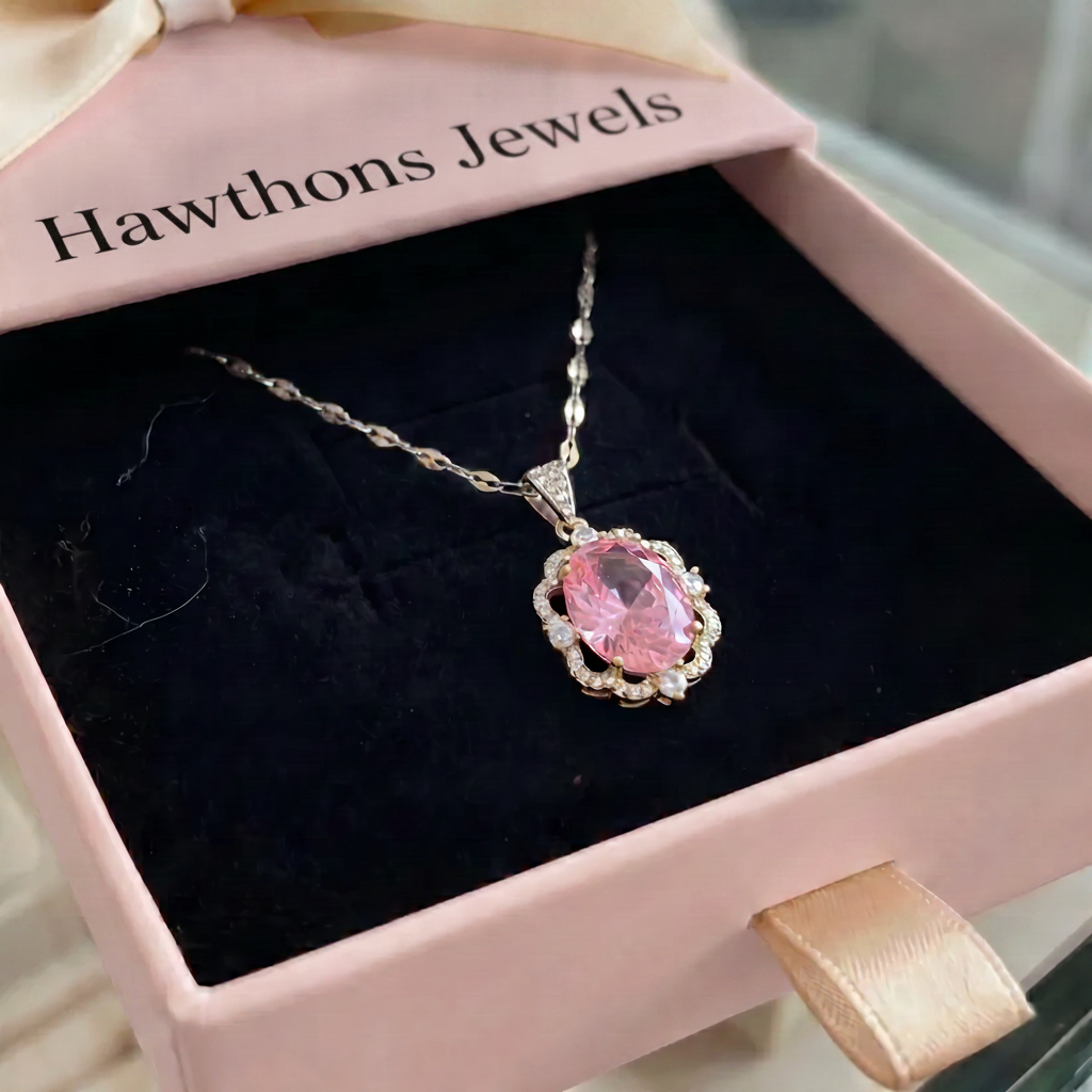 Rose Oval Crown Halo Necklace | White Gold